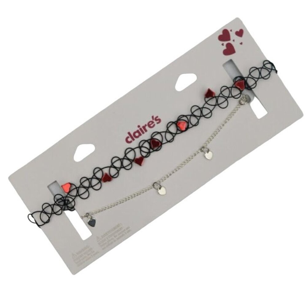 Claires Heart Choker Necklace Set Tattoo Choker Silvertone Heart Charm Choker
